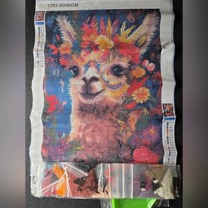 Floral Llama Diamond Painting Kit, New 30x40cm, Round Drills 18 Colors